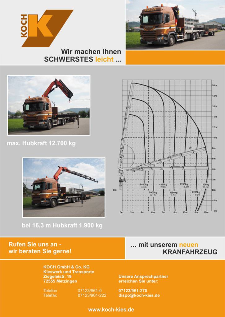 Koch Kieswerk & Transporte Metzingen Metzingen Unser neues Kran-Fahrzeug